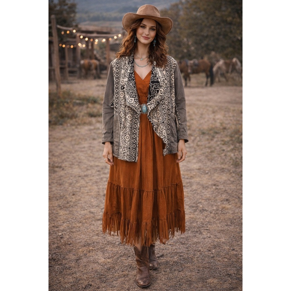 Western Boho Farm Aztec Canvas Knit OpenFront Olive Green Cardigan L Jacket‎